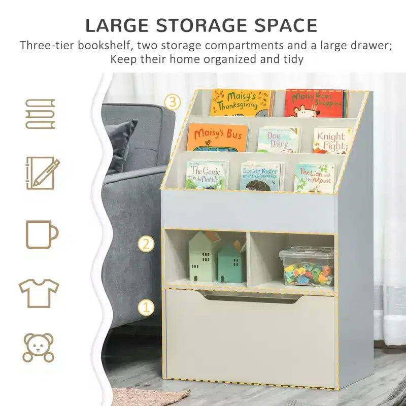 Étagère à Livres pour Enfants, Organisateur Multi-Niveaux avec Tiroir de Rangement pour Livres, pour Chambre ou Salle de Jeux, Gris