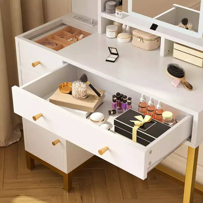 Coiffeuse moderne avec miroir éclairé - 3 tiroirs et armoire de rangement et prise de courant - Table de maquillage pour chambre à coucher