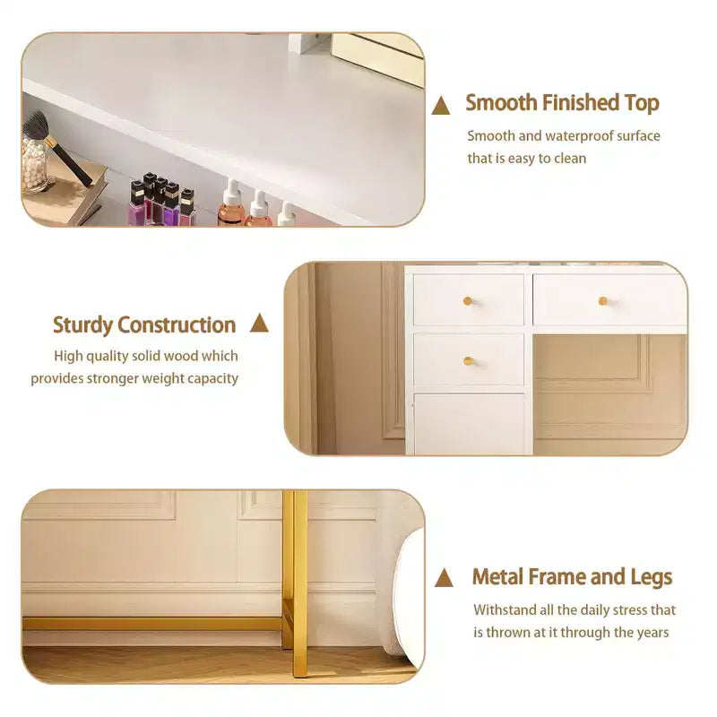 Coiffeuse moderne avec miroir éclairé - 3 tiroirs et armoire de rangement et prise de courant - Table de maquillage pour chambre à coucher