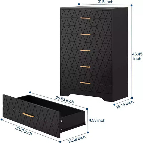 Commode haute en bois à 5 tiroirs pour chambre à coucher, commode en bois avec poignées dorées pour placard, meuble de rangement et tiroirs de rangement pour salon