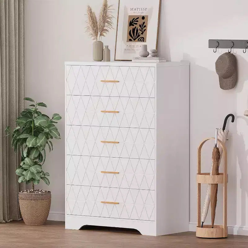 Commode haute en bois à 5 tiroirs pour chambre à coucher, commode en bois avec poignées dorées pour placard, meuble de rangement et tiroirs de rangement pour salon