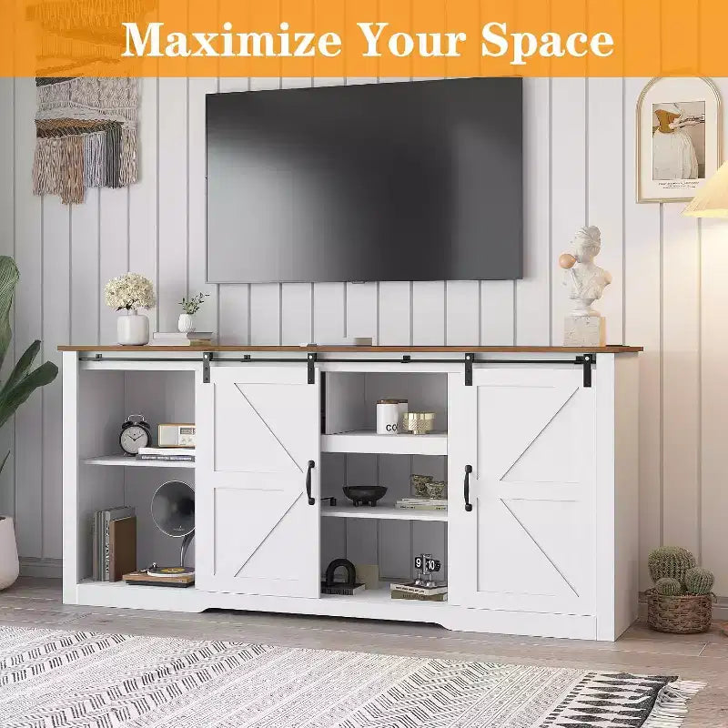 Meuble TV de ferme Acekool 70 po pour téléviseurs jusqu'à 80 po, gris foncé, meuble TV avec portes de grange coulissantes et étagères réglables pour salon