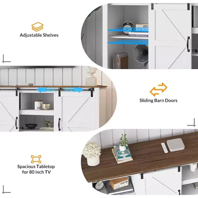 Meuble TV de ferme Acekool 70 po pour téléviseurs jusqu'à 80 po, gris foncé, meuble TV avec portes de grange coulissantes et étagères réglables pour salon
