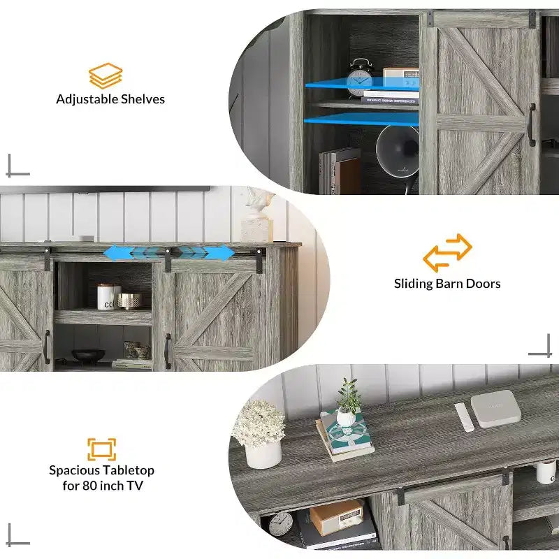 Meuble TV de ferme Acekool 70 po pour téléviseurs jusqu'à 80 po, gris foncé, meuble TV avec portes de grange coulissantes et étagères réglables pour salon