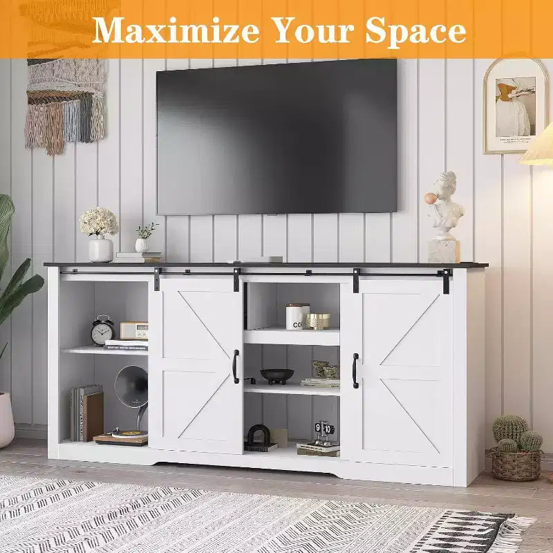 Meuble TV de ferme Acekool 70 po pour téléviseurs jusqu'à 80 po, gris foncé, meuble TV avec portes de grange coulissantes et étagères réglables pour salon