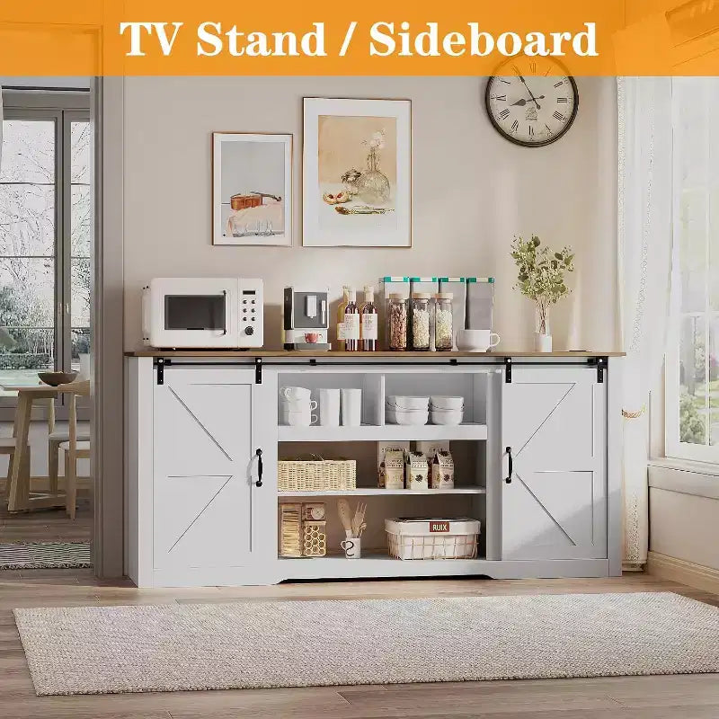 Meuble TV de ferme Acekool 70 po pour téléviseurs jusqu'à 80 po, gris foncé, meuble TV avec portes de grange coulissantes et étagères réglables pour salon