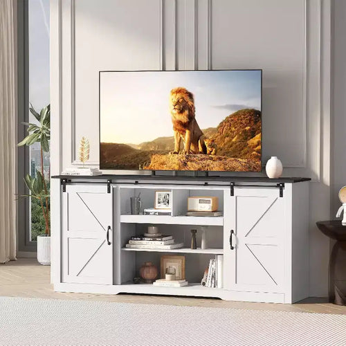 Acekool 70 Farmhouse TV Stand for TVs up to 80, Dark Grey, Sliding Barn Door Entertainment Center with Adjustable Shelves for Living Room