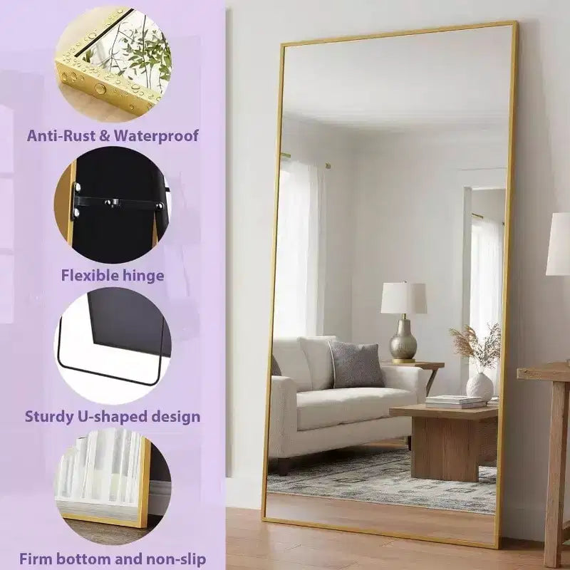 Miroir rectangulaire intégral doré 83x44. Inclut un support pour une utilisation autoportante ou murale dans n'importe quelle pièce