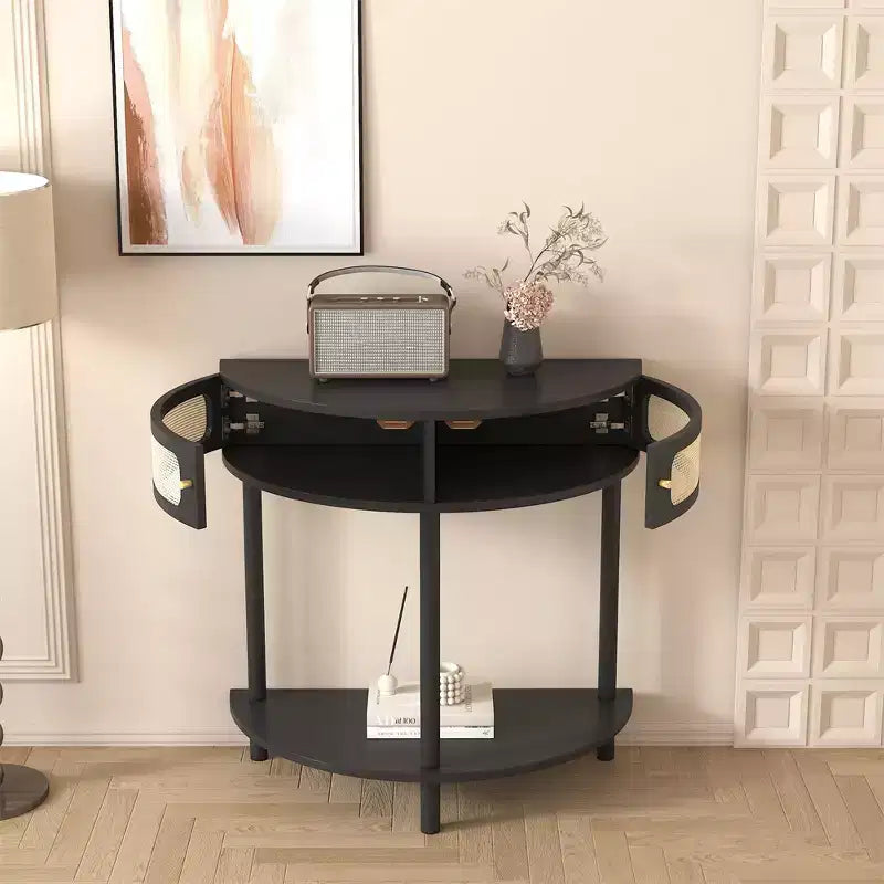 Table d'appoint demi-lune avec porte coulissante en rotin, console d'entrée demi-cercle avec étagère inférieure pour salon, chambre, bureau, couloir, noir