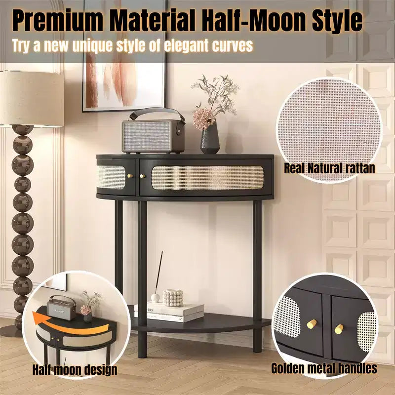 Table d'appoint demi-lune avec porte coulissante en rotin, console d'entrée demi-cercle avec étagère inférieure pour salon, chambre, bureau, couloir, noir