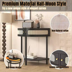 Table d'appoint demi-lune avec porte coulissante en rotin, console d'entrée demi-cercle avec étagère inférieure pour salon, chambre, bureau, couloir, noir