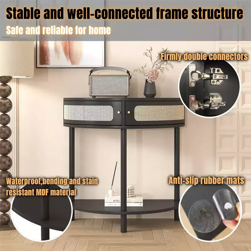 Table d'appoint demi-lune avec porte coulissante en rotin, console d'entrée demi-cercle avec étagère inférieure pour salon, chambre, bureau, couloir, noir