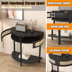 Table d'appoint demi-lune avec porte coulissante en rotin, console d'entrée demi-cercle avec étagère inférieure pour salon, chambre, bureau, couloir, noir