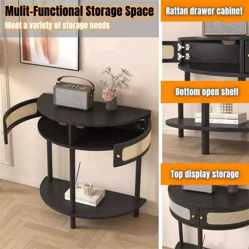 Table d'appoint demi-lune avec porte coulissante en rotin, console d'entrée demi-cercle avec étagère inférieure pour salon, chambre, bureau, couloir, noir