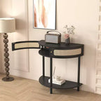 Table d'appoint demi-lune avec porte coulissante en rotin, console d'entrée demi-cercle avec étagère inférieure pour salon, chambre, bureau, couloir, noir