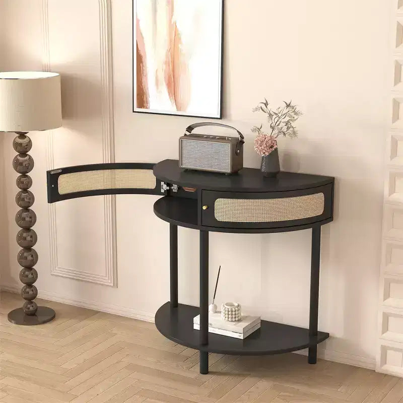 Table d'appoint demi-lune avec porte coulissante en rotin, console d'entrée demi-cercle avec étagère inférieure pour salon, chambre, bureau, couloir, noir