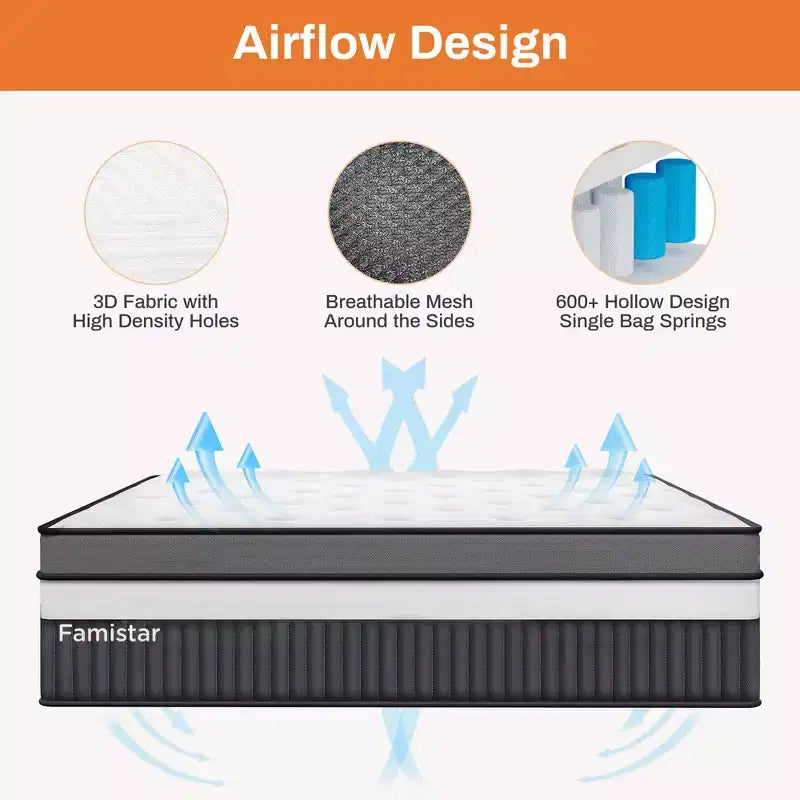 Matelas en mousse à mémoire de forme King Size de 14 pouces, matelas hybride à ressorts ensachés livré dans une boîte, ressorts ensachés silencieux pour l'isolation des mouvements et le soulagement de la pression, fermeté moyenne
