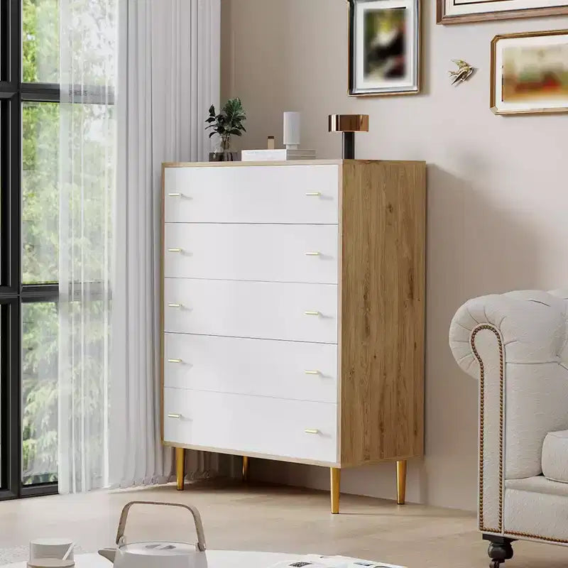 Commode à 5 tiroirs pour chambre à coucher, commode de 109 cm de haut avec poignées de bar, organisateur de commode de rangement, commode étroite de table de chevet pour chambre à coucher