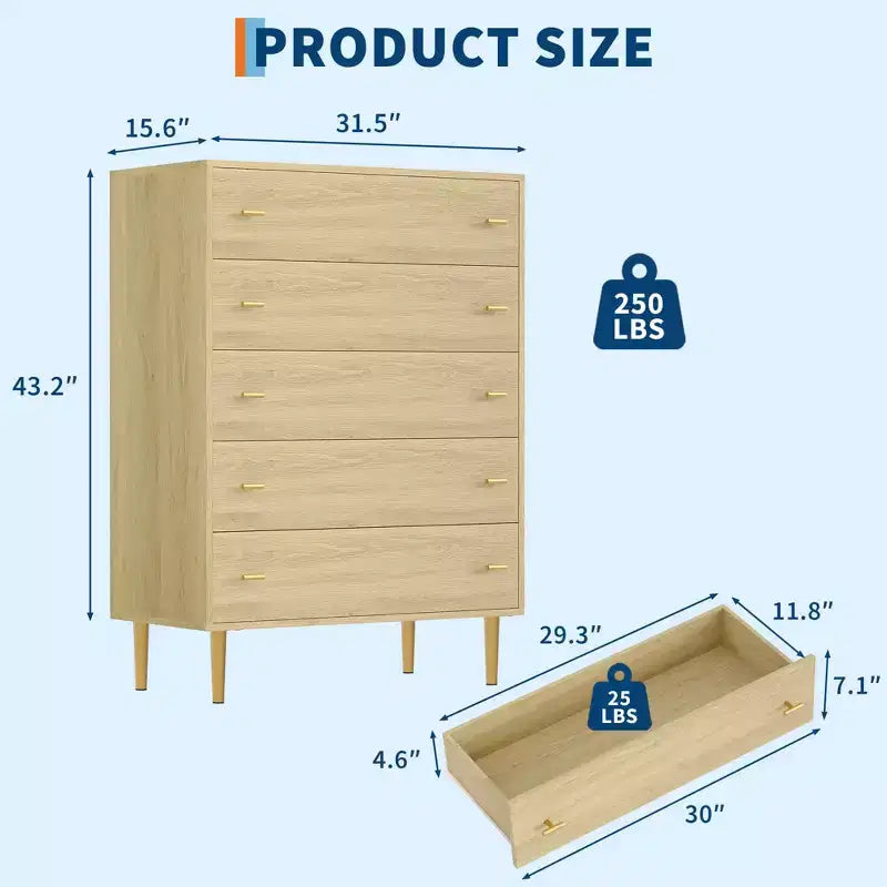 Commode à 5 tiroirs pour chambre à coucher, commode de 109 cm de haut avec poignées de bar, organisateur de commode de rangement, commode étroite de table de chevet pour chambre à coucher