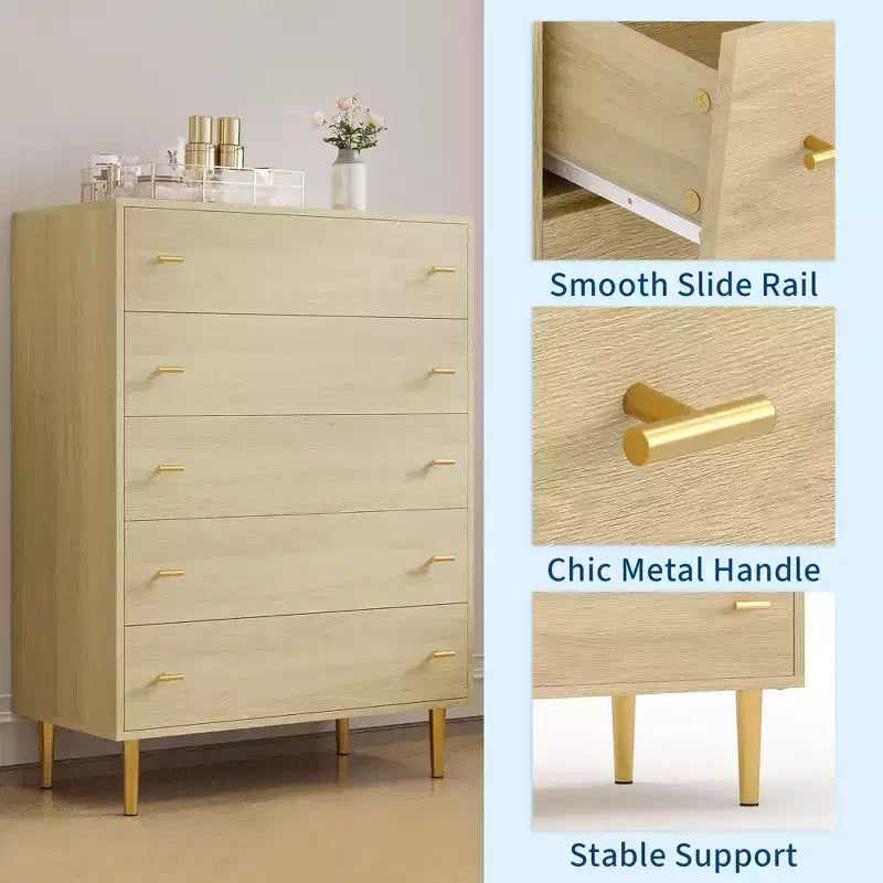 Commode à 5 tiroirs pour chambre à coucher, commode de 109 cm de haut avec poignées de bar, organisateur de commode de rangement, commode étroite de table de chevet pour chambre à coucher