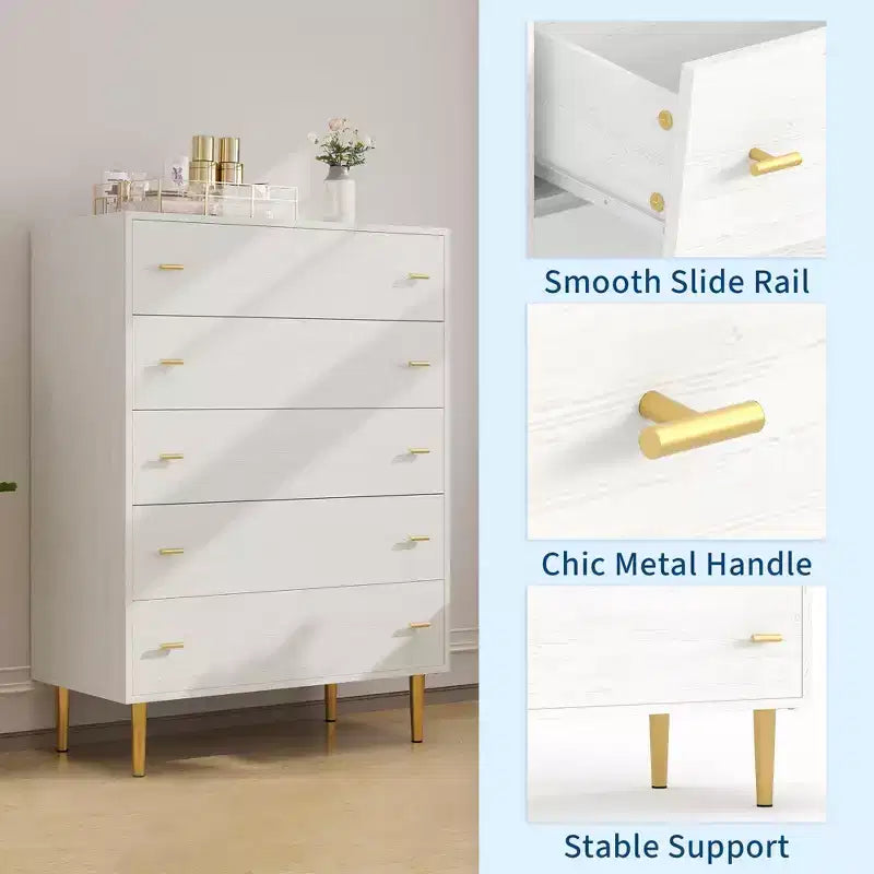 Commode à 5 tiroirs pour chambre à coucher, commode de 109 cm de haut avec poignées de bar, organisateur de commode de rangement, commode étroite de table de chevet pour chambre à coucher