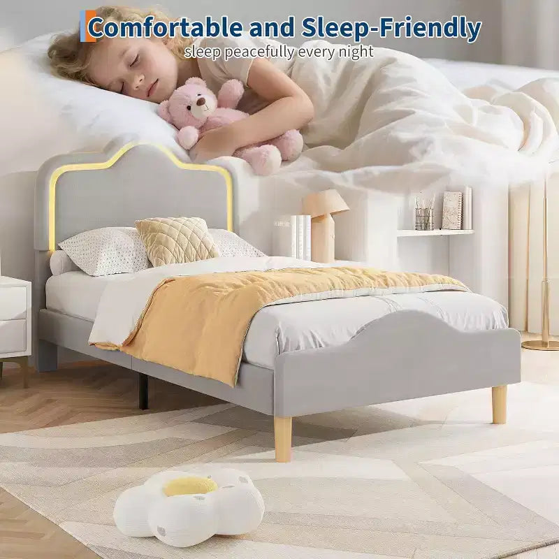 Cadre de lit double, avec tête de lit et pied de lit, plateforme de lit princesse tapissée en velours pour enfants, support à lattes en bois, pas besoin de sommier.