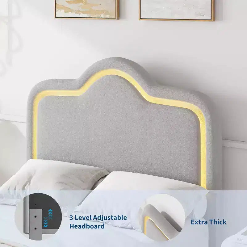 Cadre de lit double, avec tête de lit et pied de lit, plateforme de lit princesse tapissée en velours pour enfants, support à lattes en bois, pas besoin de sommier.