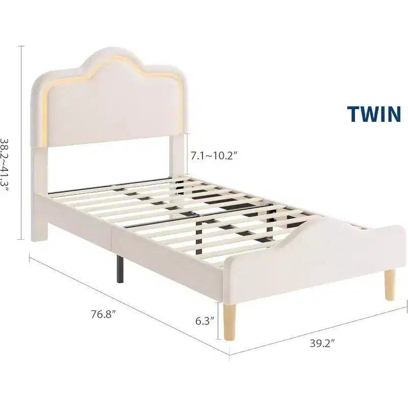 Cadre de lit double, avec tête de lit et pied de lit, plateforme de lit princesse tapissée en velours pour enfants, support à lattes en bois, pas besoin de sommier.