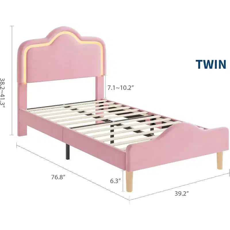 Cadre de lit double, avec tête de lit et pied de lit, plateforme de lit princesse tapissée en velours pour enfants, support à lattes en bois, pas besoin de sommier.