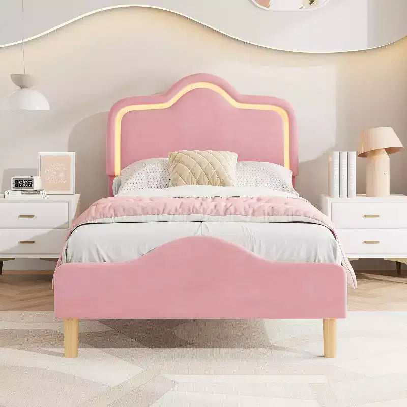 Cadre de lit double, avec tête de lit et pied de lit, plateforme de lit princesse tapissée en velours pour enfants, support à lattes en bois, pas besoin de sommier.