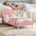 Cadre de lit double, avec tête de lit et pied de lit, plateforme de lit princesse tapissée en velours pour enfants, support à lattes en bois, pas besoin de sommier.