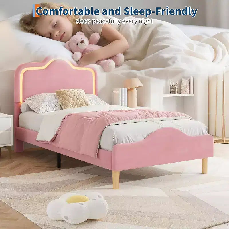 Cadre de lit double, avec tête de lit et pied de lit, plateforme de lit princesse tapissée en velours pour enfants, support à lattes en bois, pas besoin de sommier.