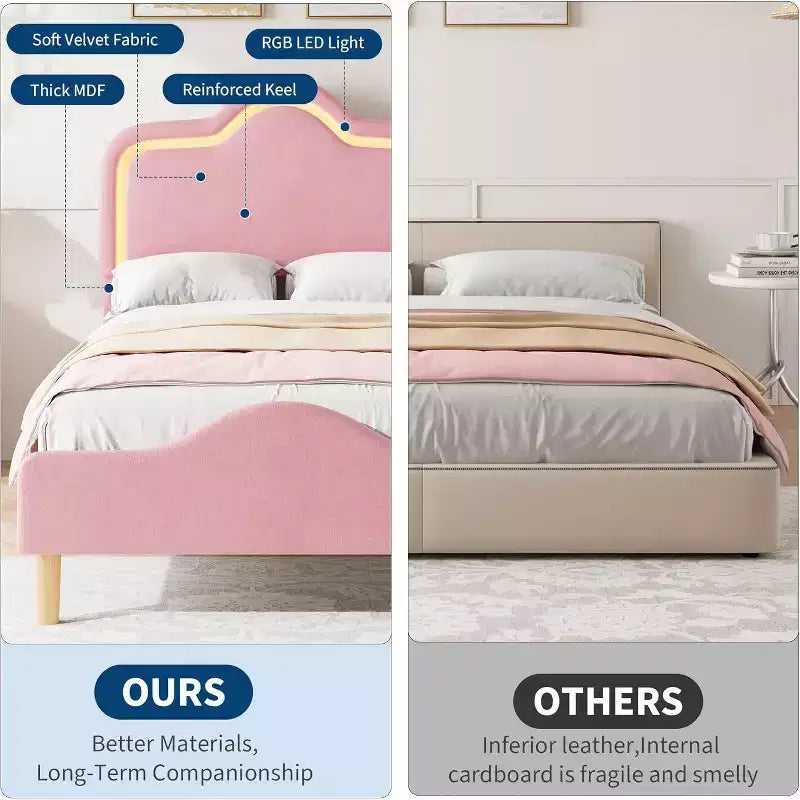 Cadre de lit double, avec tête de lit et pied de lit, plateforme de lit princesse tapissée en velours pour enfants, support à lattes en bois, pas besoin de sommier.