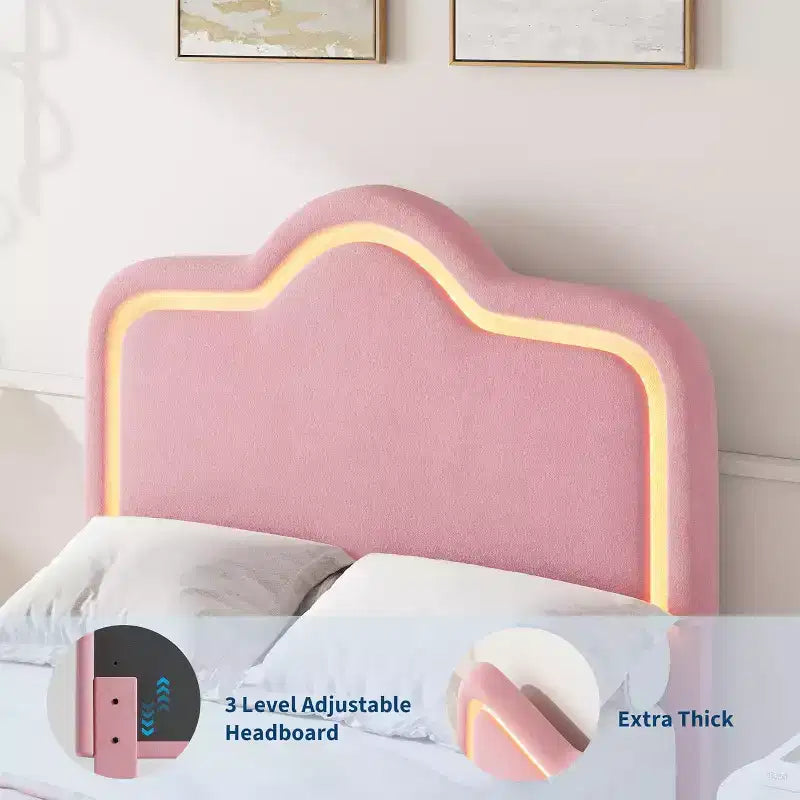 Cadre de lit double, avec tête de lit et pied de lit, plateforme de lit princesse tapissée en velours pour enfants, support à lattes en bois, pas besoin de sommier.