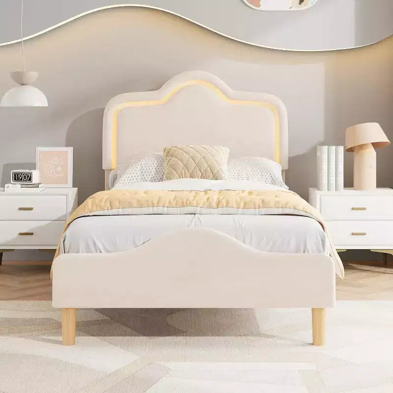 Cadre de lit double, avec tête de lit et pied de lit, plateforme de lit princesse tapissée en velours pour enfants, support à lattes en bois, pas besoin de sommier.