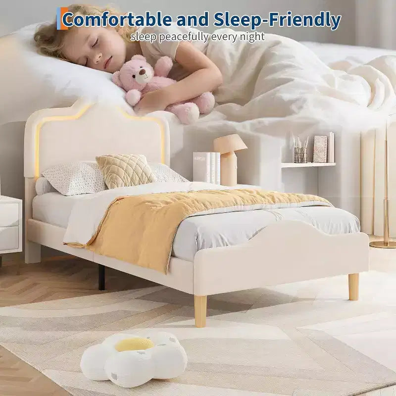 Cadre de lit double, avec tête de lit et pied de lit, plateforme de lit princesse tapissée en velours pour enfants, support à lattes en bois, pas besoin de sommier.