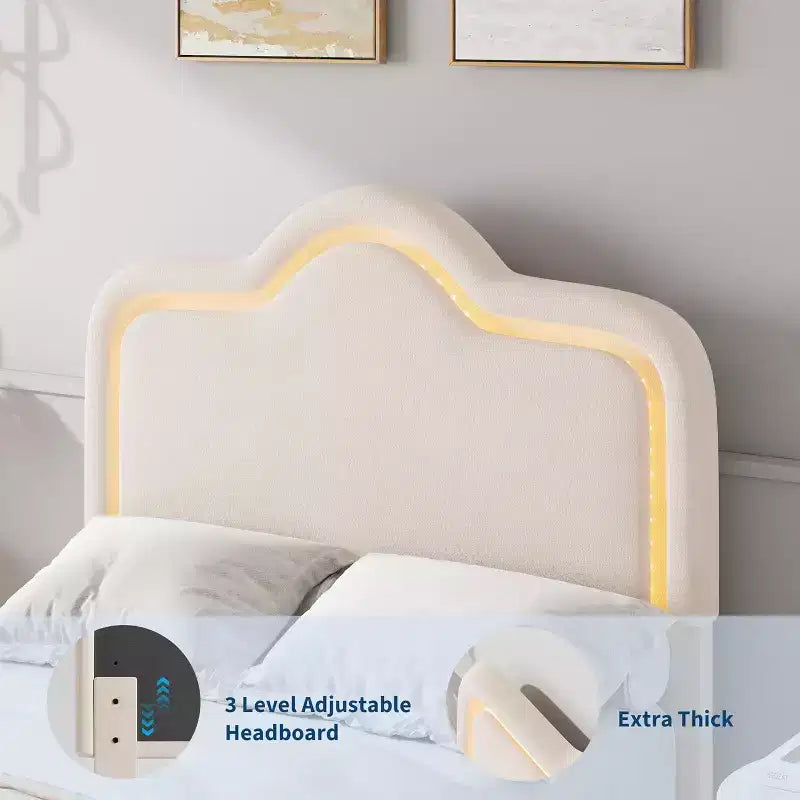 Cadre de lit double, avec tête de lit et pied de lit, plateforme de lit princesse tapissée en velours pour enfants, support à lattes en bois, pas besoin de sommier.