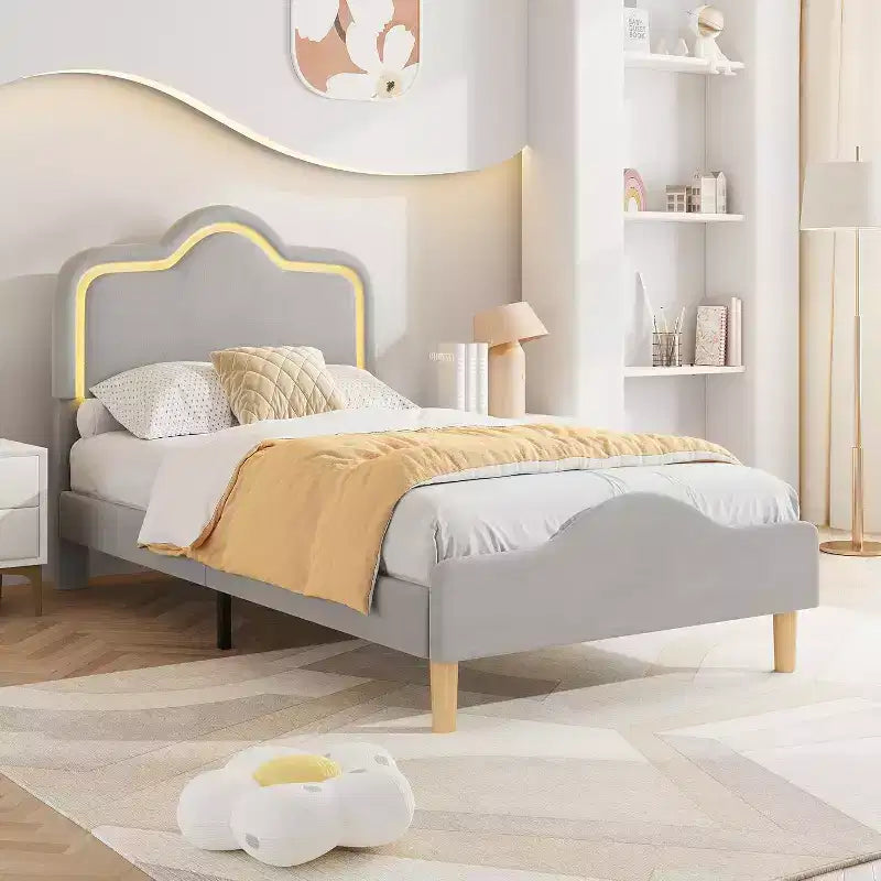 Cadre de lit double, avec tête de lit et pied de lit, plateforme de lit princesse tapissée en velours pour enfants, support à lattes en bois, pas besoin de sommier.