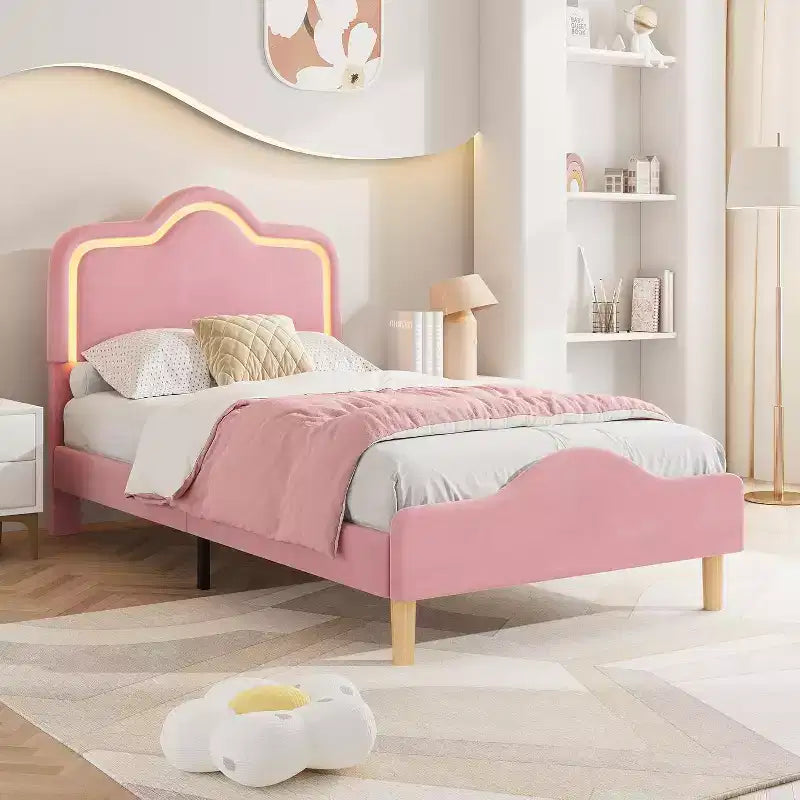 Cadre de lit double, avec tête de lit et pied de lit, plateforme de lit princesse tapissée en velours pour enfants, support à lattes en bois, pas besoin de sommier.
