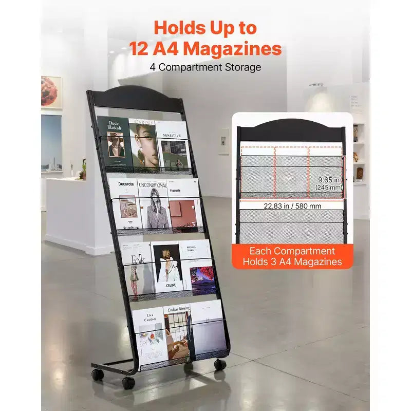 Présentoir de Brochures VEVOR, Support de Présentation de Magazines et Documents à 4 Niveaux avec Roues, Présentoir de Magazines Mobile sur Pied, Noir