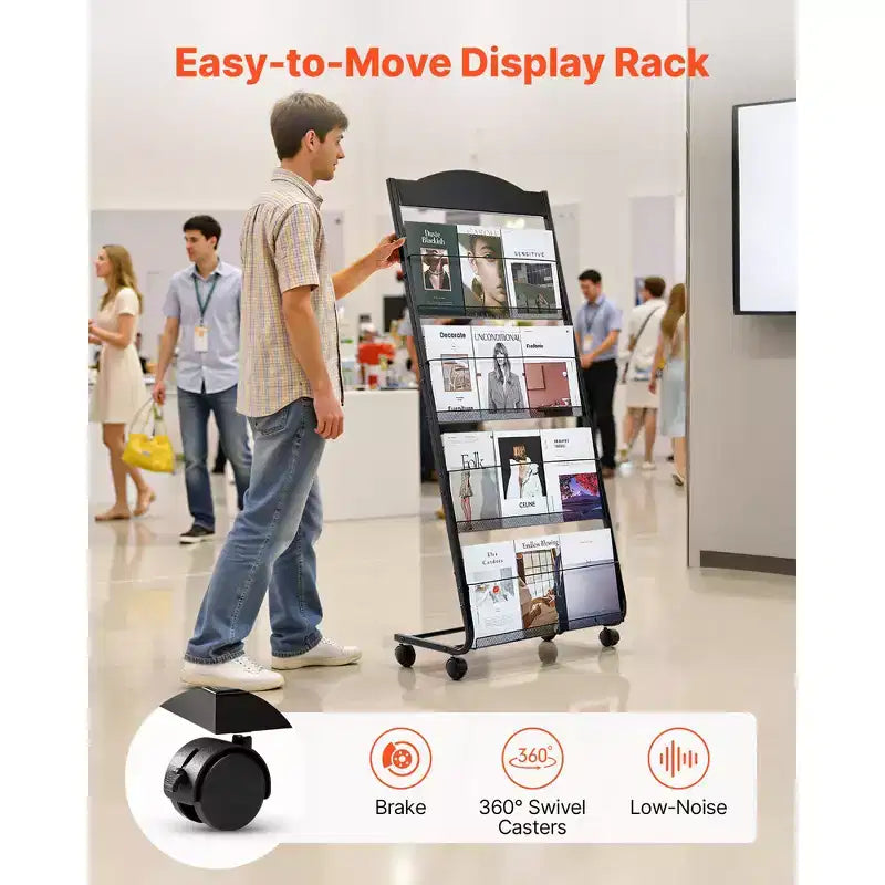 Présentoir de Brochures VEVOR, Support de Présentation de Magazines et Documents à 4 Niveaux avec Roues, Présentoir de Magazines Mobile sur Pied, Noir