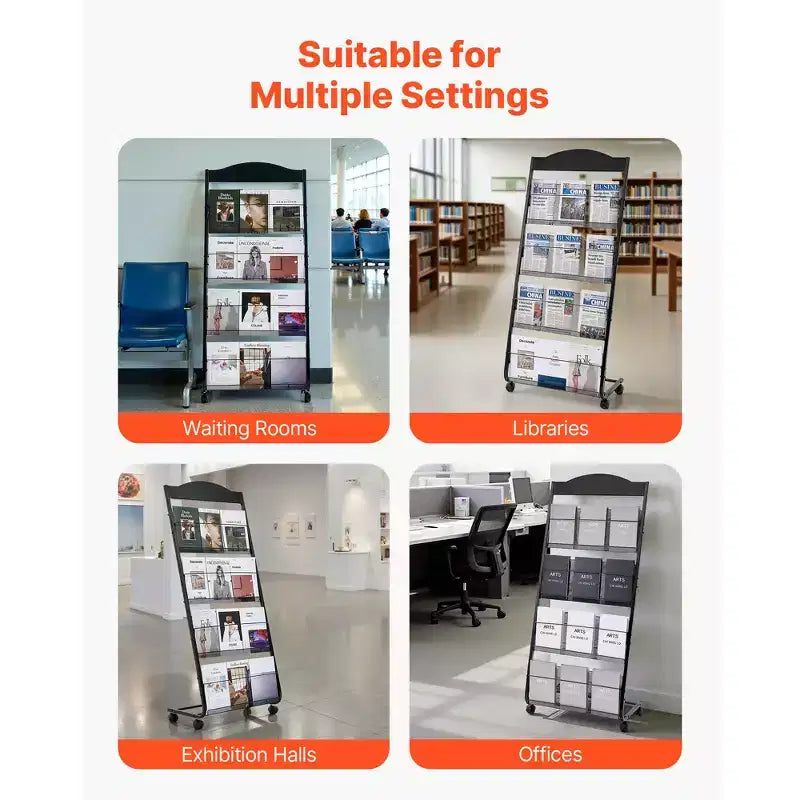 Présentoir de Brochures VEVOR, Support de Présentation de Magazines et Documents à 4 Niveaux avec Roues, Présentoir de Magazines Mobile sur Pied, Noir