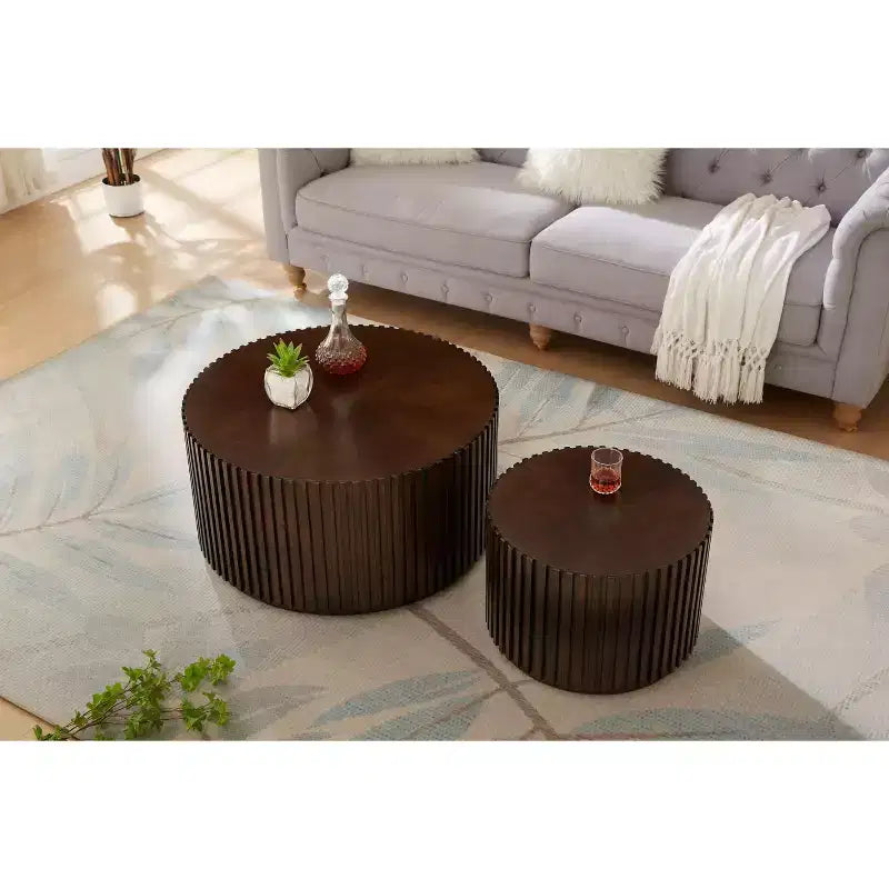 EHMKNP Tables basses gigognes (lot de 2) Table basse ronde tambour et petite table d'appoint assortie, fabriquées à la main