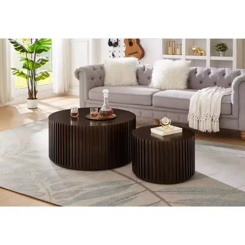 EHMKNP Tables basses gigognes (lot de 2) Table basse ronde tambour et petite table d'appoint assortie, fabriquées à la main