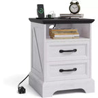 Acekool Farmhouse Rustic Nightstand with Charging Station, Modern Wood Bedside Table with 2 Drawers & Open Shelf, White Accent End Table