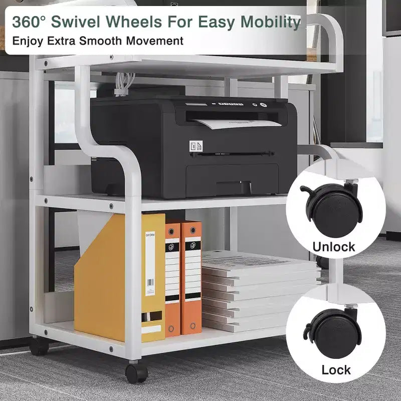 Meuble de rangement 3 niveaux VECELO, grand support d'imprimante avec station de recharge, chariot de rangement roulant avec roues pour bureau ou salon, blanc