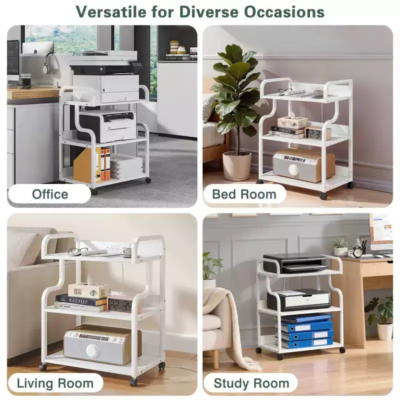 Meuble de rangement 3 niveaux VECELO, grand support d'imprimante avec station de recharge, chariot de rangement roulant avec roues pour bureau ou salon, blanc