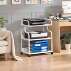 Meuble de rangement 3 niveaux VECELO, grand support d'imprimante avec station de recharge, chariot de rangement roulant avec roues pour bureau ou salon, blanc