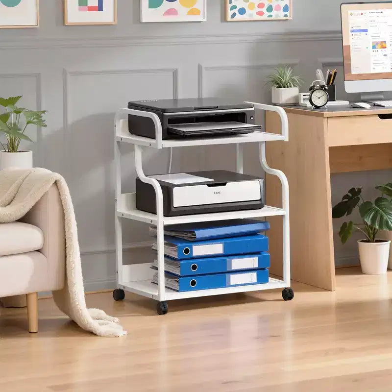Meuble de rangement 3 niveaux VECELO, grand support d'imprimante avec station de recharge, chariot de rangement roulant avec roues pour bureau ou salon, blanc
