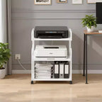 Meuble de rangement 3 niveaux VECELO, grand support d'imprimante avec station de recharge, chariot de rangement roulant avec roues pour bureau ou salon, blanc